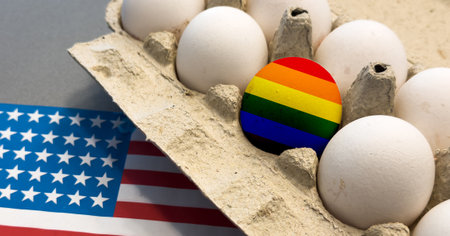 Colorful easter egg painted in rainbow colors of happiness or a flag of LGBTQ gays and lesbians.の写真素材