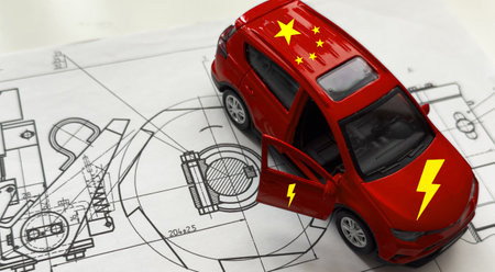 Electric car made in USA and China. Duty for EV cars made in Chinaの写真素材