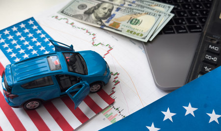 Tariff War shipping, trade and commerce concept, flags of the United States and the European Unionの写真素材