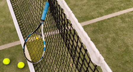 Tennis racket and ball on green background. Flat lay. Sports equipmentの写真素材