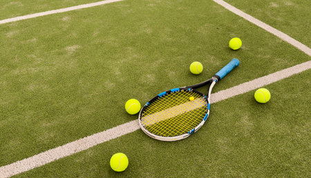 Tennis racket and ball on green background. Flat lay. Sports equipmentの写真素材