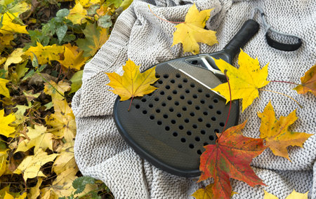 padel racket and yellow autumn leavesの写真素材