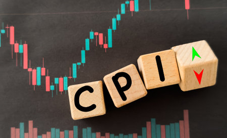 letters cpi with a blurred stock market candlestick chart in the background, symbolizing investment, financial growth, and market fluctuations.の写真素材