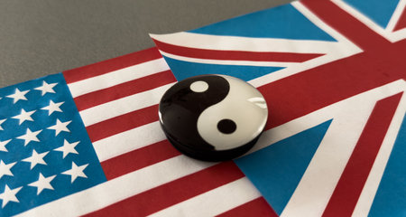 yin and yang figurine on the background of the flagsの写真素材