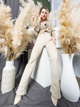 High fashion portrait of young elegant woman. Studio shot.の写真素材
