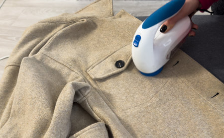 Use of lint remover for wool balls, fuzz removing from woolen sweater.の写真素材