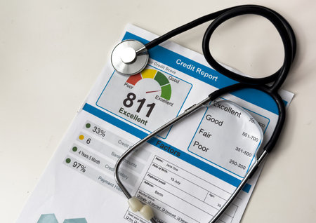 stethoscope on financial statement concept for finance health check or cost of healthcareの写真素材