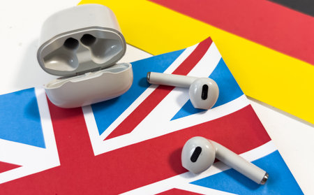Headphones on the background of the flag of Great Britainの写真素材