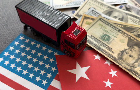 100 US dollar bill in flags of china and usa backgroundの写真素材