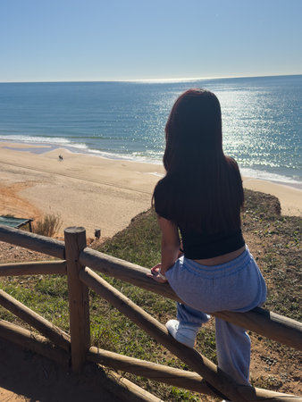 Woman tourist enjoying beautiful views. Europe travel. Lifestyle, vacation, nature, active life.の写真素材