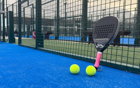 A padel or paddle tennis racket and a bright yellow tennis ball lie on a blue court. The net and a...