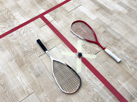 December 5, 2024 Kyiv, Ukraine - Squash Rackets And a Ball on a Wooden Court Floor. Sport Theme.のeditorial素材