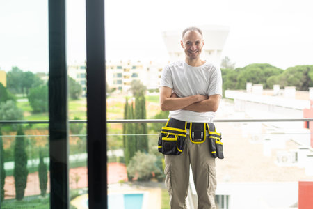 worker installing a balcony glass railling in an apartmentの写真素材