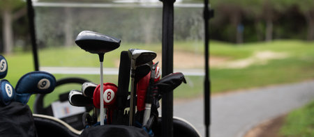A lot of golf clubs in a cartの写真素材