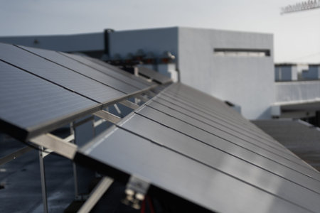 Solar Panels Installed on a roof top of a house.の写真素材