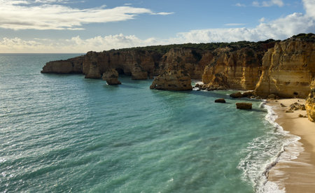 Sandy beach with rocky cliffs, vegetation and blue cloudy skyの写真素材
