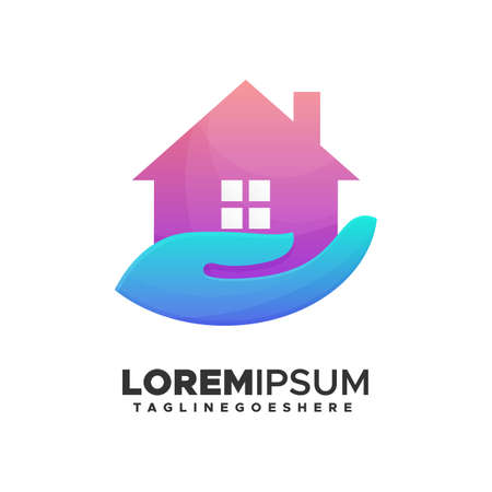 home and hand house care real estate logo. simple vector illustration of a house in a palm of a hand, logo template, icon, symbol, graphic design resources, business brandingのイラスト素材
