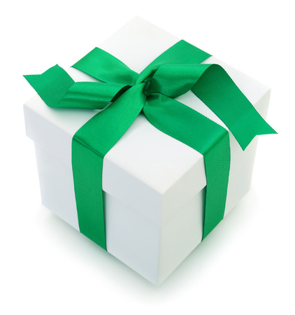 White gift box with green ribbon isolated on white color backgroundの写真素材