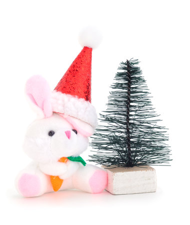 A toy bunny in a Santa Claus hat near a New Year's tree isolated on white background.の写真素材