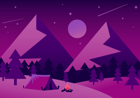Family Adventure Camping Evening Scene. Tent, Campfire, Pine forest and rocky mountains background,...