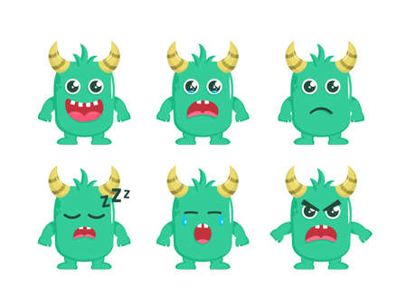 Cute horned monster with different emotions. Monster character for game design.のイラスト素材