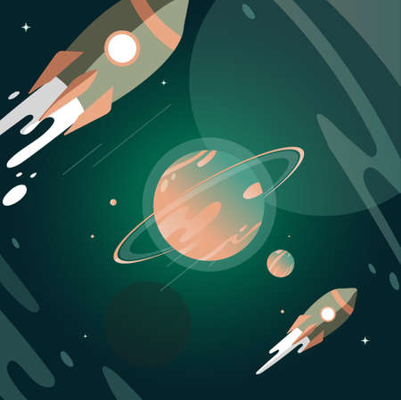 Rockets fly to the galaxy, explore outer space planets, Illustration of the planets and a spaceship at the outer spaceのイラスト素材