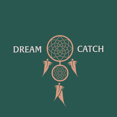 Abstract illustration of dream catcher. Green vintage style line logotype illustration of dream catcher round badge with word Dreamcatcher on green background. Logoのイラスト素材