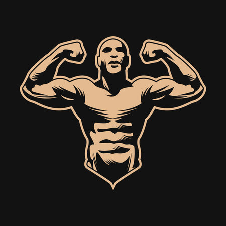 Bodybuilding logo design concept with athletic man exercising isolated on black backgroundのイラスト素材