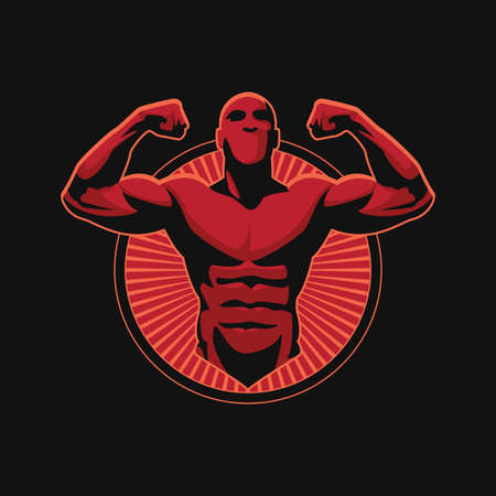 Fitness Gym logo design template with athletic man exercising isolated on black backgroundのイラスト素材