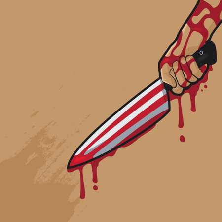 Hand with a bloody knife. An attack on a person with a cold weapon. Flat vector illustration.のイラスト素材