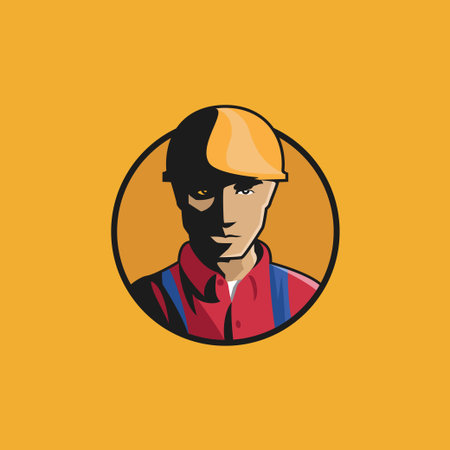 Worker sticker. Stylized logo of construction worker in hard hatのイラスト素材