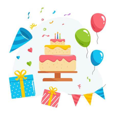 Happy birthday, decoration event festive celebration party icon set line and fill styleのイラスト素材