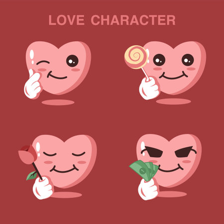 Beautiful valentines emoji character set vector. Emoji characters in love and happy facial expressionsのイラスト素材