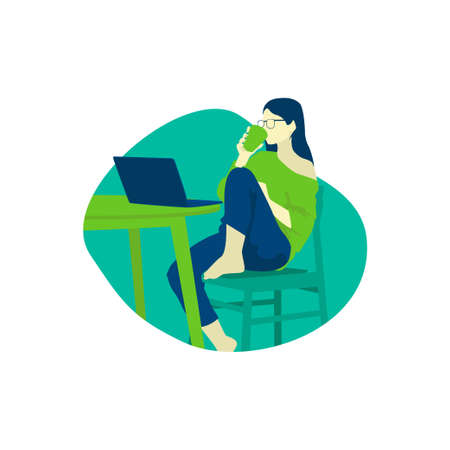 A woman sitting at a cafe and drinking coffee. hand drawn style vector design illustrations.のイラスト素材