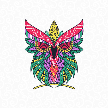 Cute abstract owl and psychedelic ornate pattern. Character tattoo design for pet lovers, artwork for print, textiles. Detailed vector illustration. Totem animal.のイラスト素材