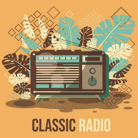 Classic radio on tropical leaf silhouette background. Vector illustration. retro styleのイラスト素材