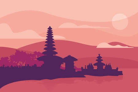 Pura Ulun bratan Bali island, Indonesia monument landmark brochure Flat style vector iconのイラスト素材