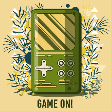 Retro portable game on leaf background, Multimedia or video game computer handheld portable retro game console.のイラスト素材