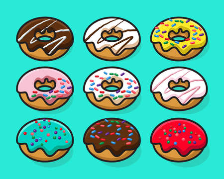 Set of cartoon colorful donuts isolated on clean background. Top View Doughnuts collection into glaze for menu design, cafe decoration, delivery box.のイラスト素材