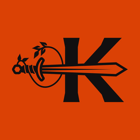 Sword logo with leaves combined with a capital K, in one black color on a dark red background.のイラスト素材