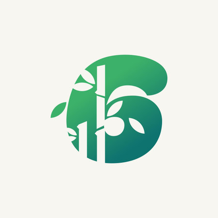 Number six with a green gradient with empty space forming a picture of a bamboo tree and leaves