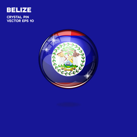 3d round button with flag of Belize with light reflection on blue background
  and country shadow icon realistic vector illustrationのイラスト素材