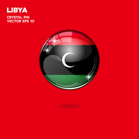 3d round button with libya flag with light reflection on red background and country shadow icon, realistic vector illustrationのイラスト素材