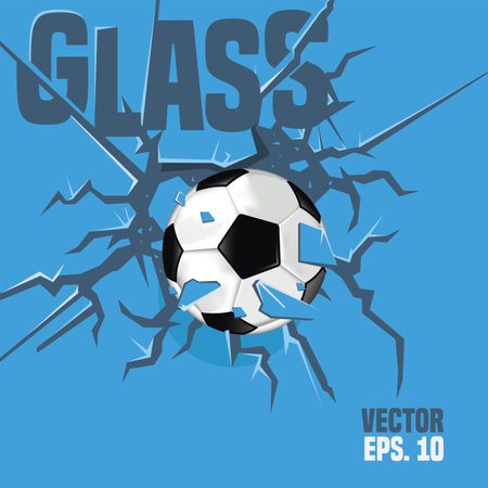 Soccer ball breaking glass on blue backgroundのイラスト素材