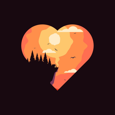 Heart in the forest. Vector illustration in flat style on dark background.のイラスト素材