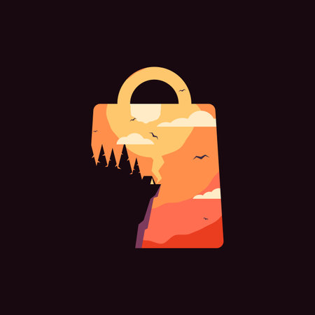 Vector illustration of a handbag with a mountain landscape on the background.のイラスト素材