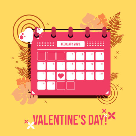 Valentine's Day February 14 symbol set. February 14 day red calendar and romantic love object. Artistic styleのイラスト素材