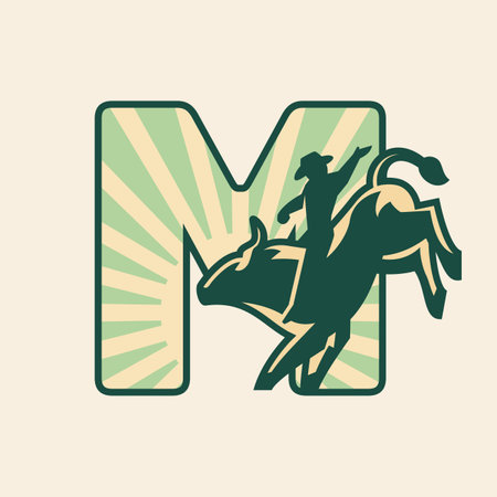Rodeo letter M logo design with cowboy riding a bull.のイラスト素材