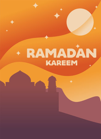 Ramadan Kareem greeting card with mosque and moon. Vector illustrationのイラスト素材
