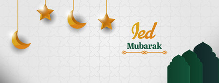 Eid mubarak islamic greeting card with crescent moon and stars